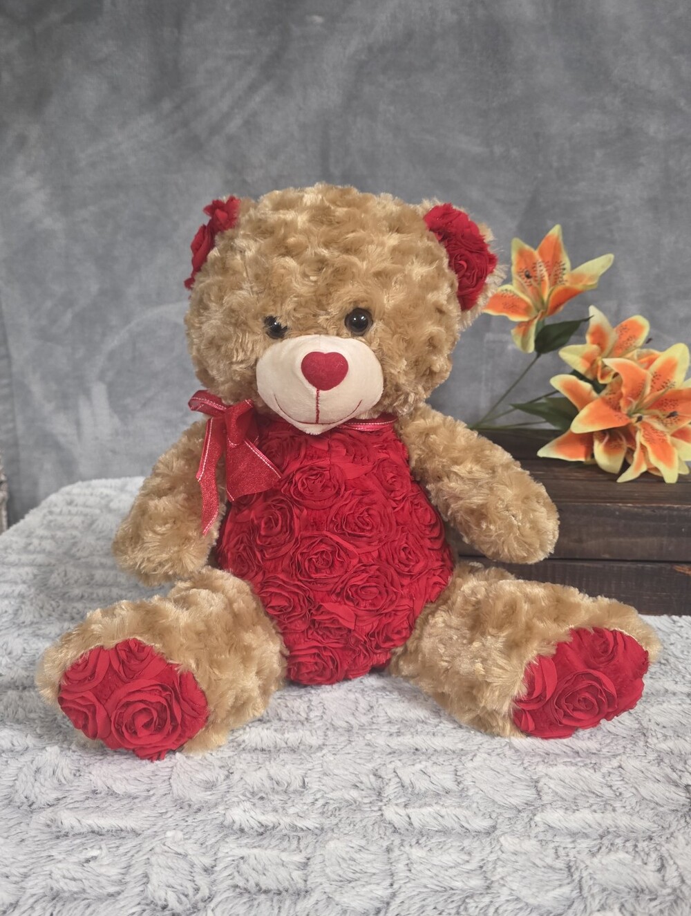 Stuffed Bear with Red Roses on Belly Feet and Ears Plush Animal Toy